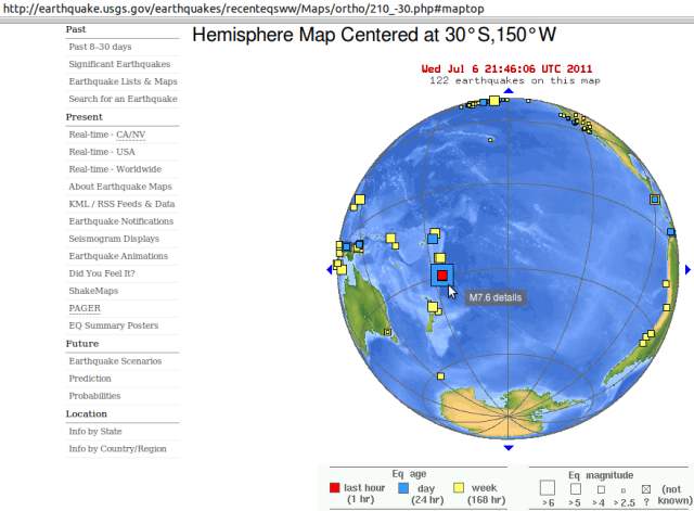 Kermadecs magnitude 7.6 quake - USGS 070711