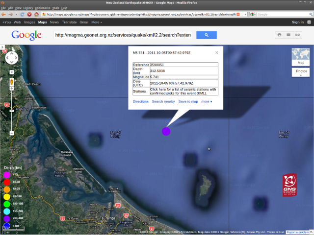 Tauranga magnitude 5.7 quake - GNS GoogleMap 051011