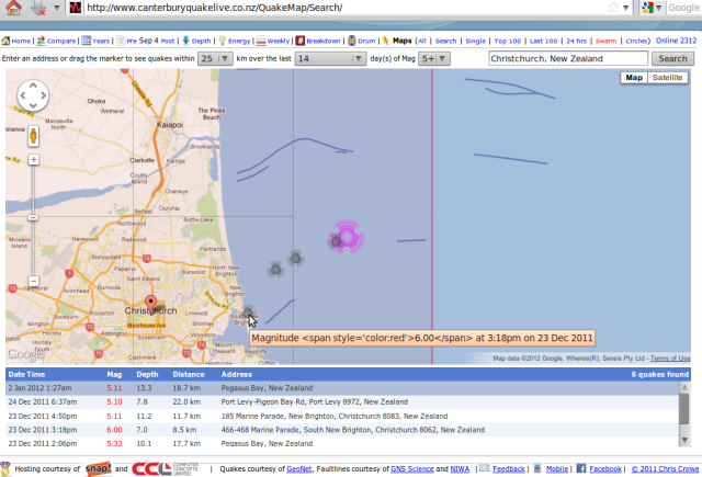  020112 Pegasus Bay mag 5.1 quake, alignment to 23 Dec 6.0 etc - Crowe.co.nz