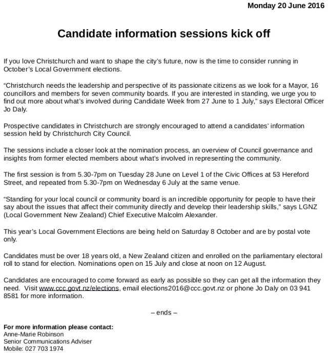 CCC Media Release - Elections 2016 Candidates Information Evening