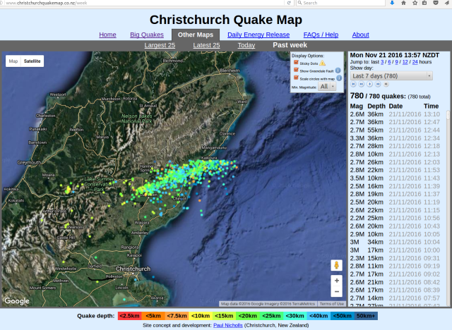 Canterbury aftershocks, 14-21 November 2016 - far view